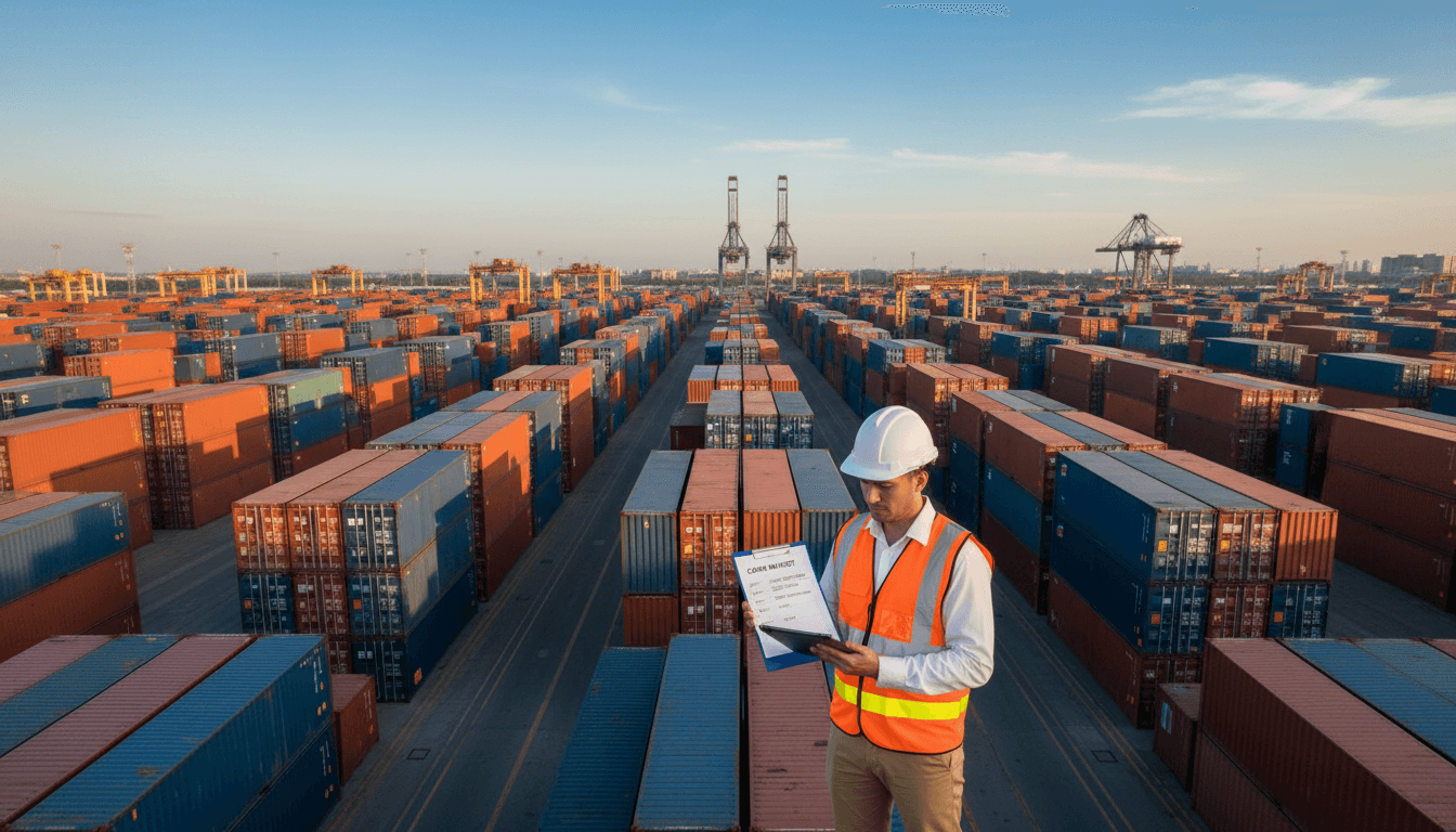 Shipping container with vehicle import cargo at port